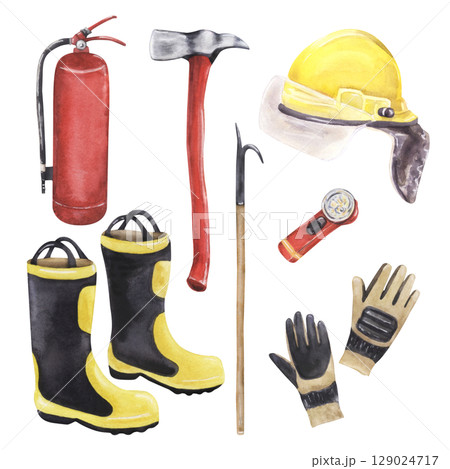 Watercolor firefighter equipment set with helmet, boots, gloves, axe, and extinguisher 129024717