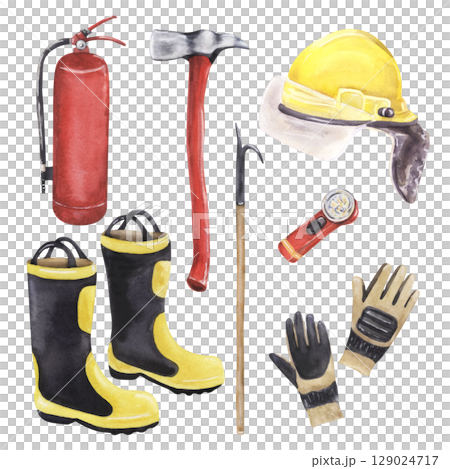 Watercolor firefighter equipment set with helmet, boots, gloves, axe, and extinguisher 129024717