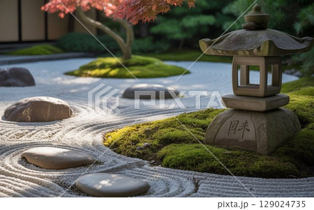 方丈庭園の紅葉と石灯籠のある庭園 129024735
