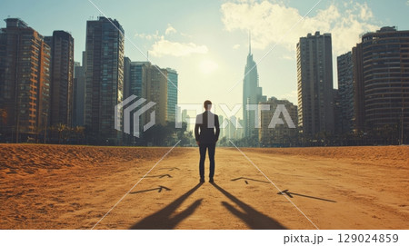 businessman facing multiple paths in urban setting 129024859