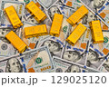 Paper us 100 dollar bill with gold bars, concept of investment and saving, wealth 129025120
