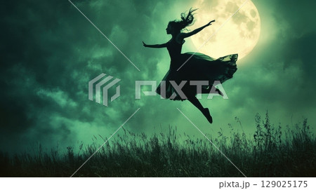 woman flying at night under full moon woman flying at night under full moon 129025175