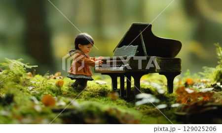miniature girl playing piano in mossy forest 129025206