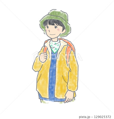 ハイキング、山歩きをする女の子のイラスト ハイキング、山歩きをする女の子のイラスト 129025372