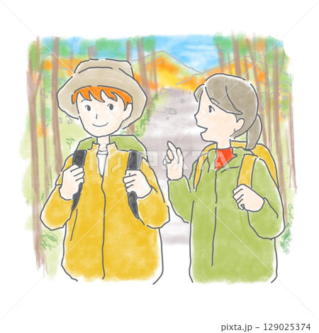 ハイキング、山歩きを楽しむ人々のイラスト ハイキング、山歩きを楽しむ人々のイラスト 129025374
