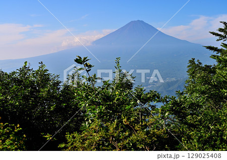 御坂山地の破風山 新道峠第1展望台より望む夏の富士山 御坂山地の破風山 新道峠第1展望台より望む夏の富士山 129025408