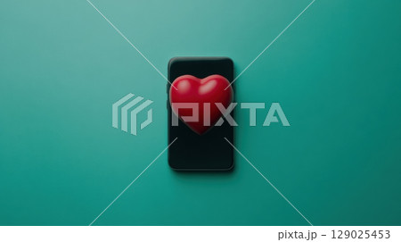 red heart on smartphone screen teal background 129025453