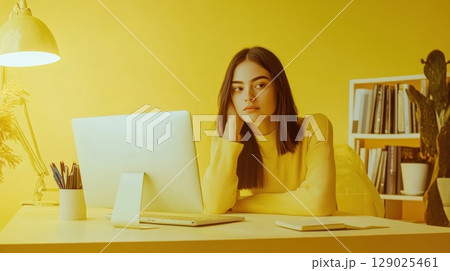 yellow aesthetic woman working at desk with laptop 129025461