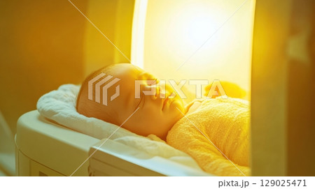 baby sleeping under phototherapy light 129025471