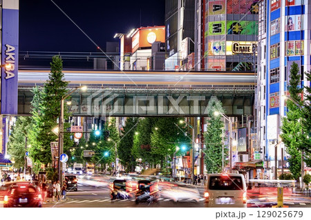 東京都、秋葉原の電気街の夜景 129025679
