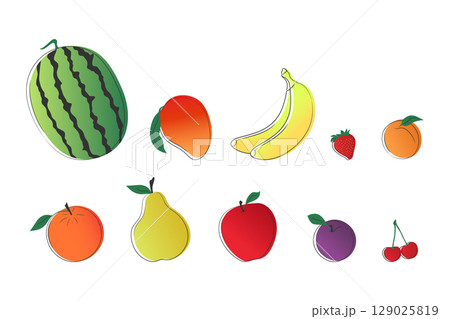 Vector set of hand drawn sweet summer fruits and berries. Watermelon, banana, pear, apple, apricot, mango, plum, orange, strawberry, cherry 129025819