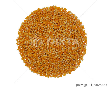 Round Pile of Raw Popcorn Corn Kernels Isolated on White Background 129025833