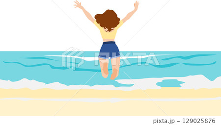 浜辺で夏休みを満喫する女性のイラスト(海水浴)	 129025876