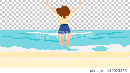 浜辺で夏休みを満喫する女性のイラスト(海水浴)	 129025876