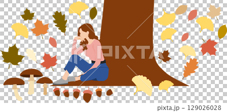 一位婦女在秋天思考的插圖 一位婦女在秋天思考的插圖 129026028