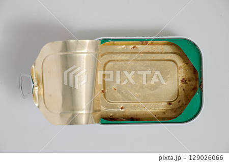 Empty Metal Can of sardines  on white background 129026066