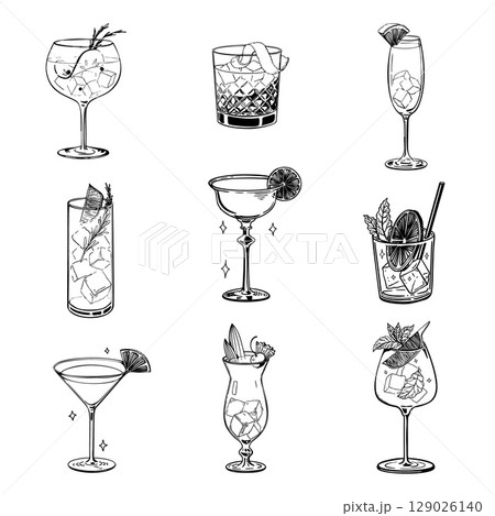 Collection of hand drawn vector illustrations of assorted cocktails in various glasses with ice cubes garnishes citrus herbs and straws elegant black and white line art set isolated on white 129026140