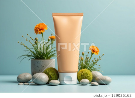 Delicate cream with calendula flowers 129026162