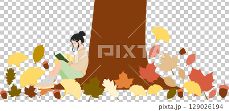 秋に読書する女性のイラスト	 129026194