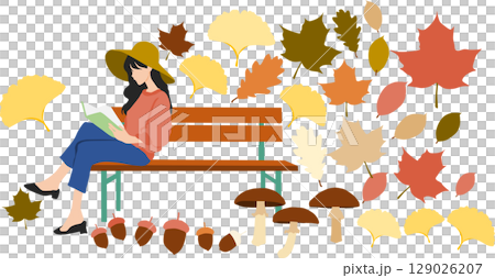 秋に読書する女性のイラスト	 129026207