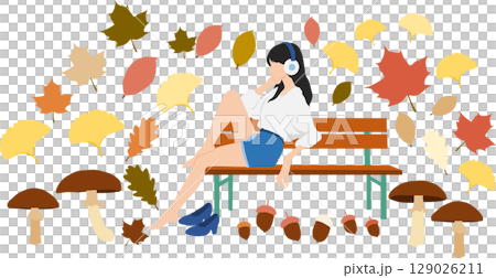 秋に音楽を聴く女性のイラスト	 129026211