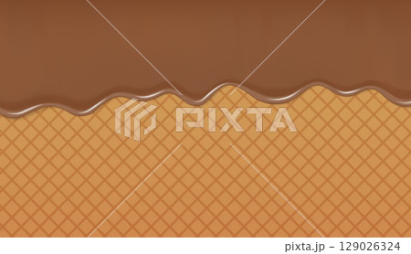 Sweet Chocolate Drip Topping Over Waffle Texture Background Design 129026324