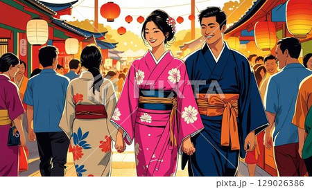 浴衣を着たカップル 129026386