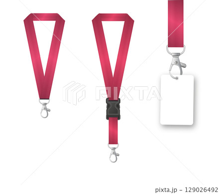 Badges Lanyard design. Identification card with ribbon. Metal closure and card with plastic. Accreditation for events congresses and companies. Vector 129026492