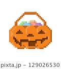 Pumpkin bucket with colorful candy for Halloween icon. Pixel 8bit style 129026530