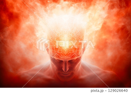 Conceptual digital illustration of a male figure with glowing brain and neural network pattern radiating intense energy 129026640