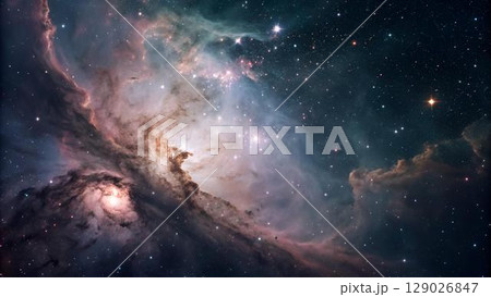 The image depicts a breathtaking view of a nebula, showcasing a swirling vortex of cosmic gases and dust illuminated by the radiant glow of distant 129026847