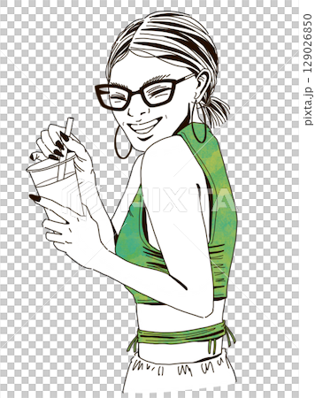 戴著眼鏡、微笑、手持飲料的年輕女子 — 素描風格插圖 129026850