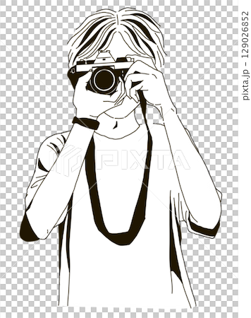 一個年輕人雙手拿著相機 — — 素描風格單色插圖 129026852