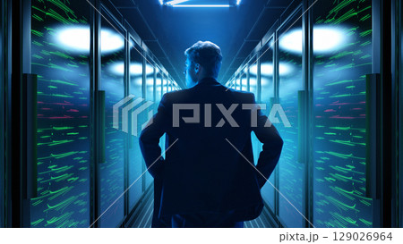 Businessman in glowing 3D server room looking forward Businessman in glowing 3D server room looking forward 129026964