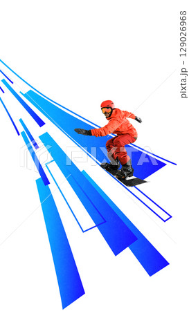 Surreal collage of smiling male snowboarder riding over sharp geometric blue slope Surreal collage of smiling male snowboarder riding over sharp geometric blue slope 129026968