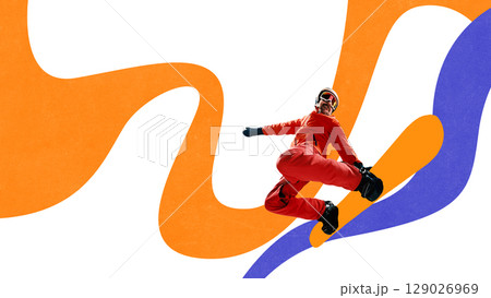 Bold digital collage of man in red snowboarding outfit jumping over orange and purple abstract path 129026969