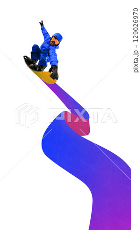 Creative digital artwork of snowboarder in blue outfit launching off edge on gradient ribbon trail Creative digital artwork of snowboarder in blue outfit launching off edge on gradient ribbon trail 129026970