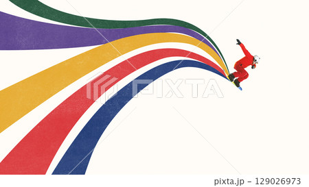 Digital artwork of snowboarder riding rainbow-colored ribbons in powerful forward motion Digital artwork of snowboarder riding rainbow-colored ribbons in powerful forward motion 129026973