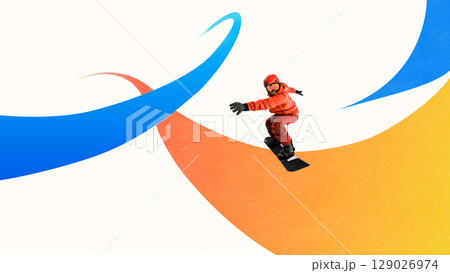 Colorful collage of snowboarder surfing vivid blue and orange swooshes with focused stance Colorful collage of snowboarder surfing vivid blue and orange swooshes with focused stance 129026974