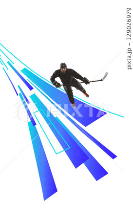 Creative artwork of intense male hockey player skating forward with geometric blue trail behind 129026979