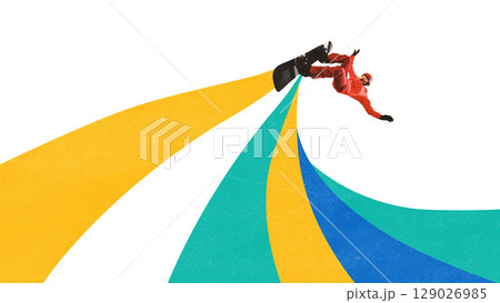 Bright poster of snowboarder mid-air with colorful arcs under snowboard 129026985