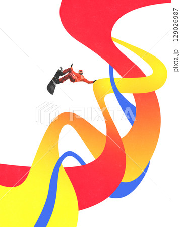Creative collage of snowboarder flying above colorful curved ribbons on white background 129026987