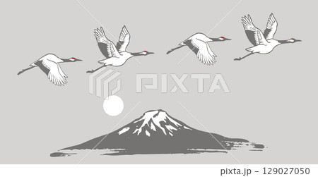 朝日と鶴と富士山 129027050