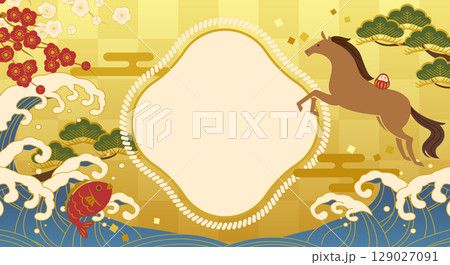 2026年午年のお正月のおめでたいキャンペーンバナーのベクターイラスト 129027091