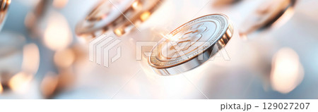 Falling bitcoins concept with golden coins on blue background 129027207