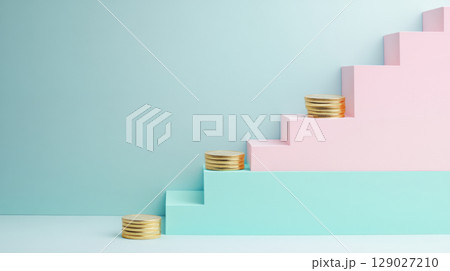 Golden bitcoins stacked on pastel pink background, concept of financial crisis 129027210