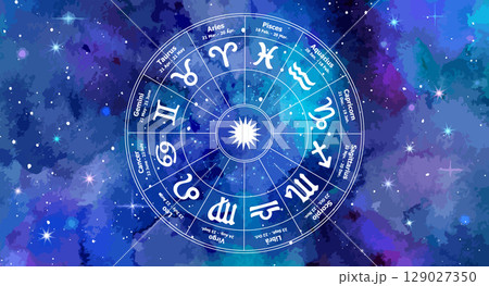 Zodiac vector circle on a cosmic starry background with all twelve astrological signs. Mystical and decorative design for astrology, horoscope 129027350