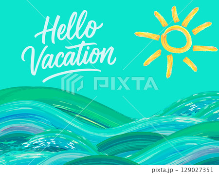 Colorful vector summer vector with bright sun and waves. Cheerful vacation-themed illustration with artistic brush strokes 129027351