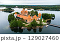 Aerial view of a castle on a small island in a lake 129027460