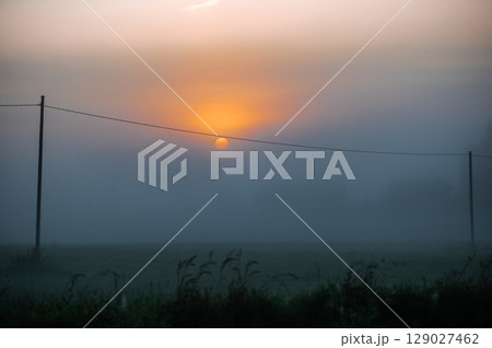 Misty Sunrise Over Rural Landscape with Power Lines 129027462